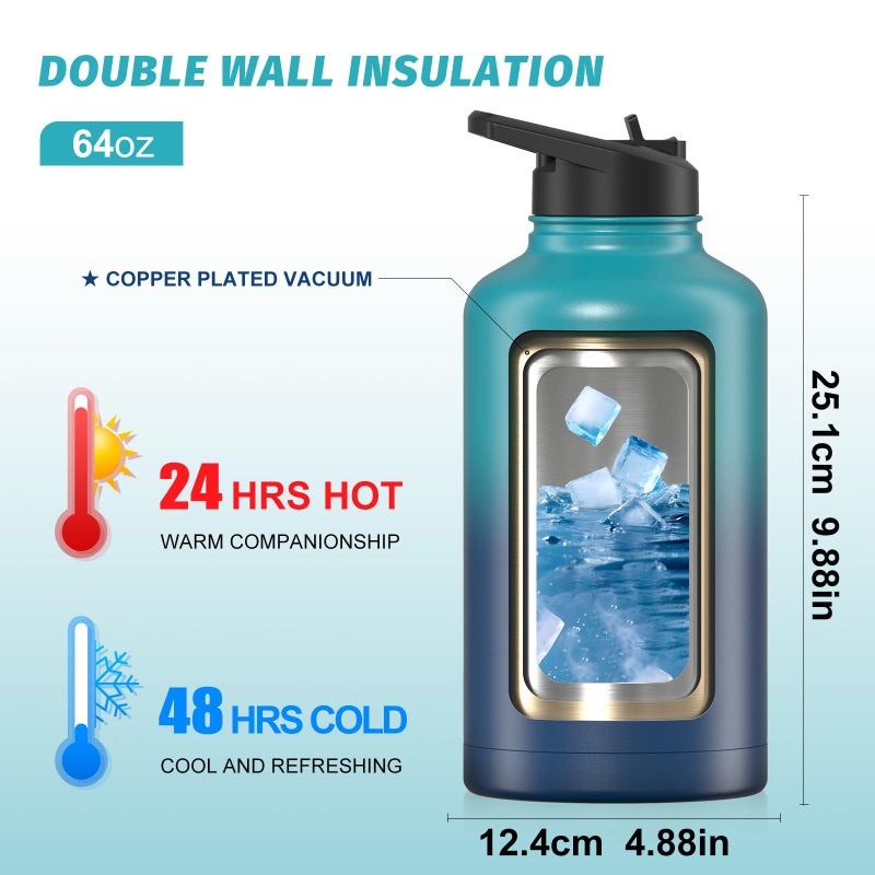 WATERSY 64oz Insulated Water Bottle (Cold for 48 Hrs),BPA Free&Leak Proof,Half Gallon Stainless Steel Water Flask,Water Jug with Straw Spout Lids for Gym,Hiking,Camping,Gradient Blue - Image 2