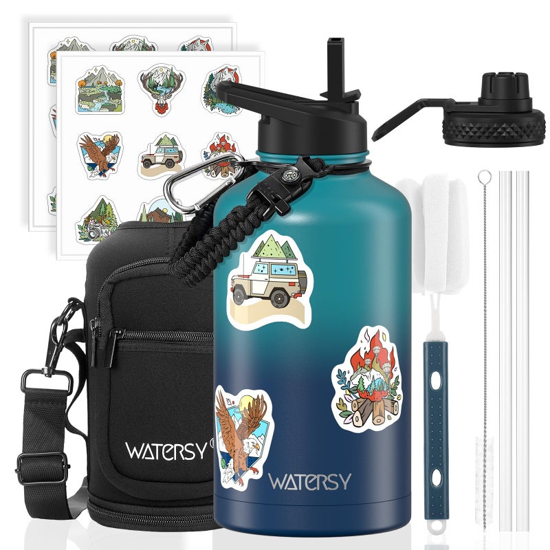 WATERSY 64oz Insulated Water Bottle (Cold for 48 Hrs),BPA Free&Leak Proof,Half Gallon Stainless Steel Water Flask,Water Jug with Straw Spout Lids for Gym,Hiking,Camping,Gradient Blue - Image 1