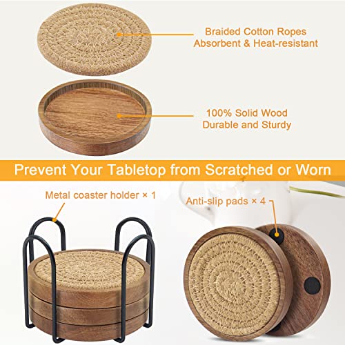 Eykao Woven Coasters Set of 5, Wooden Coasters with Holder for Coffee Table, Housewarming Gift for Farmhouse Home Decor, 4 inches - Image 5