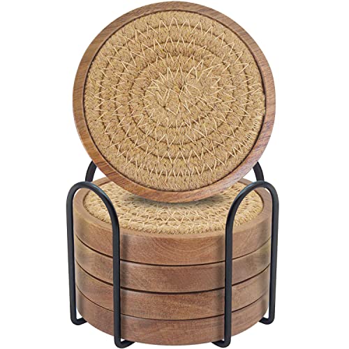 Eykao Woven Coasters Set of 5, Wooden Coasters with Holder for Coffee Table, Housewarming Gift for Farmhouse Home Decor, 4 inches - Image 1
