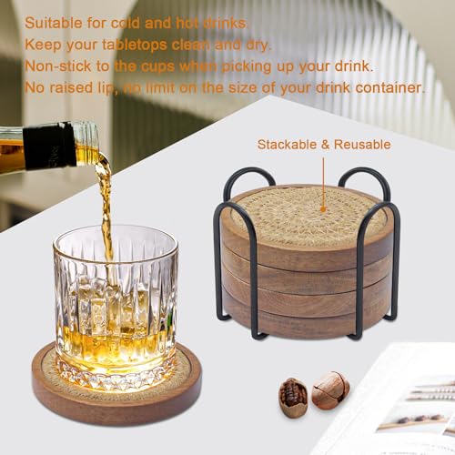 Eykao Woven Coasters Set of 5, Wooden Coasters with Holder for Coffee Table, Housewarming Gift for Farmhouse Home Decor, 4 inches - Image 4