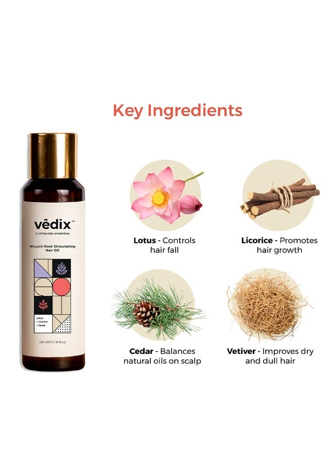 Vedix Niryath Root Stimulating Ayurvedic Hair Oil | Hair Growth With Lotus + Licorice + Cedar - Customized Anti Hair Fall Control Oil - 100ml - Image 5