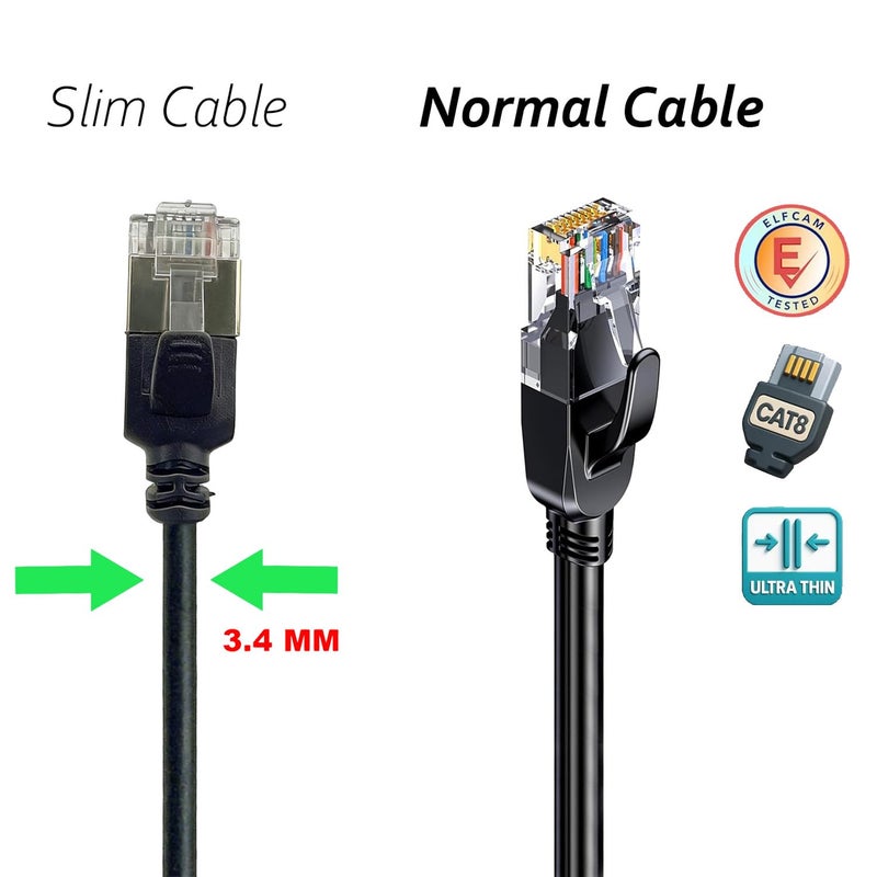 Elfcam ® - كابل إيثرنت Cat8 نحيف بطول 15 متر، كابل لشبكات المنزل والشبكات العامة (LAN/WAN)، من نوع Cat8 SFTP بسماكة سلك 32AWG، بسرعة نقل بيانات 40 جيجابت في الثانية على تردد 2000 ميغاهرتز، مزود بموصلات RJ45، لون أسود وشكل دائري (15 مترًا). - Image 2