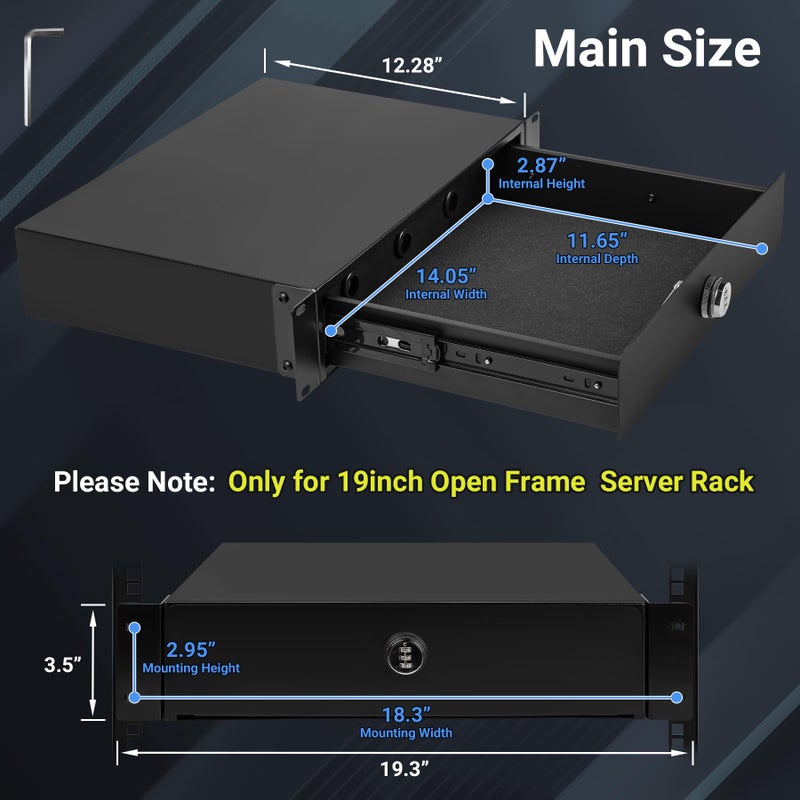 Eastrexon 2U Rack Mount Drawer, Server Rack Drawer w/Combination Lock & Foam Pad, Powder Coated Locking Rack Drawer for 19 Inch Network Equipment/Server/DJ/AV Racks, Cabinets and Enclosures - Image 2