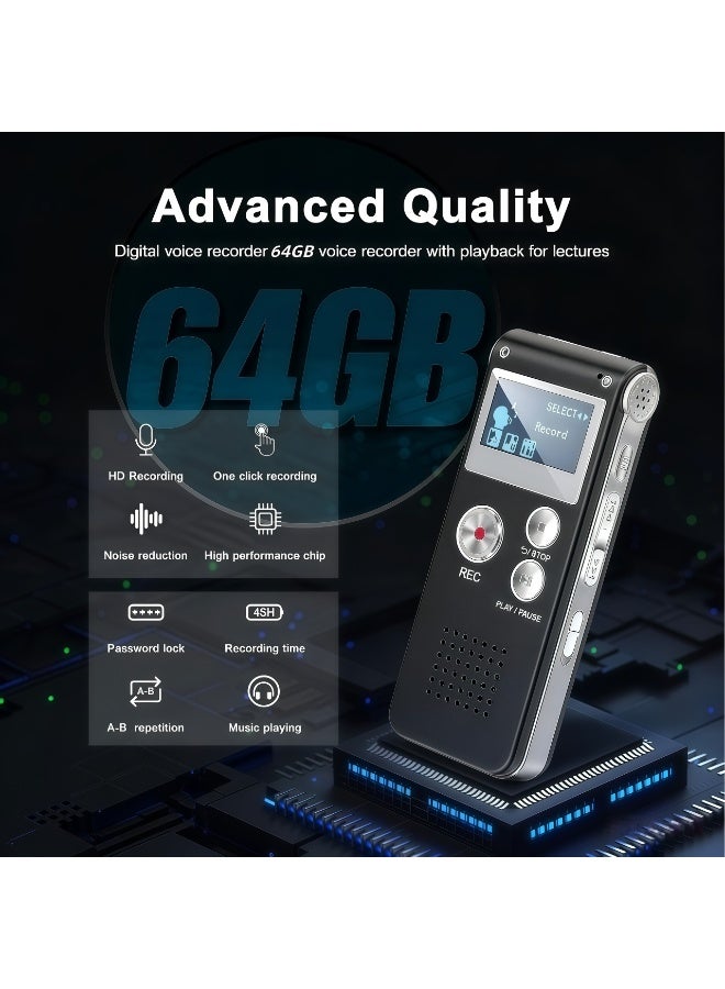 XiuWoo Digital Voice Recorder 64GB,USB Rechargeable,WAV/MP3 Tape Recorder,Upgraded Small Tape Recorder Device,Activated Recorder with MP3,Playback & Noise Reduction,HD Stereo,for Crystal Clear HD Audio Portable Dictaphone,Lectures Meetings(Black) - Image 2