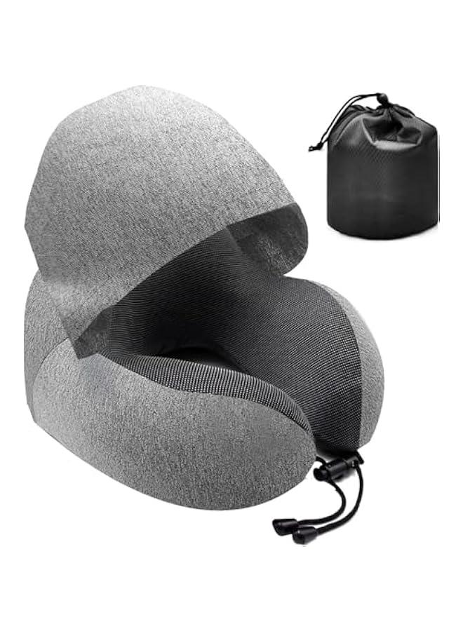HOOKOR Neck Pillow for Travel, Memory Foam Travel Pillow with Hood, Adult Airplane Pillow for Head Rest Neck Support, Portable Pillow for Office Cars Trains Long Flights Sleeping (Grey) - Image 1