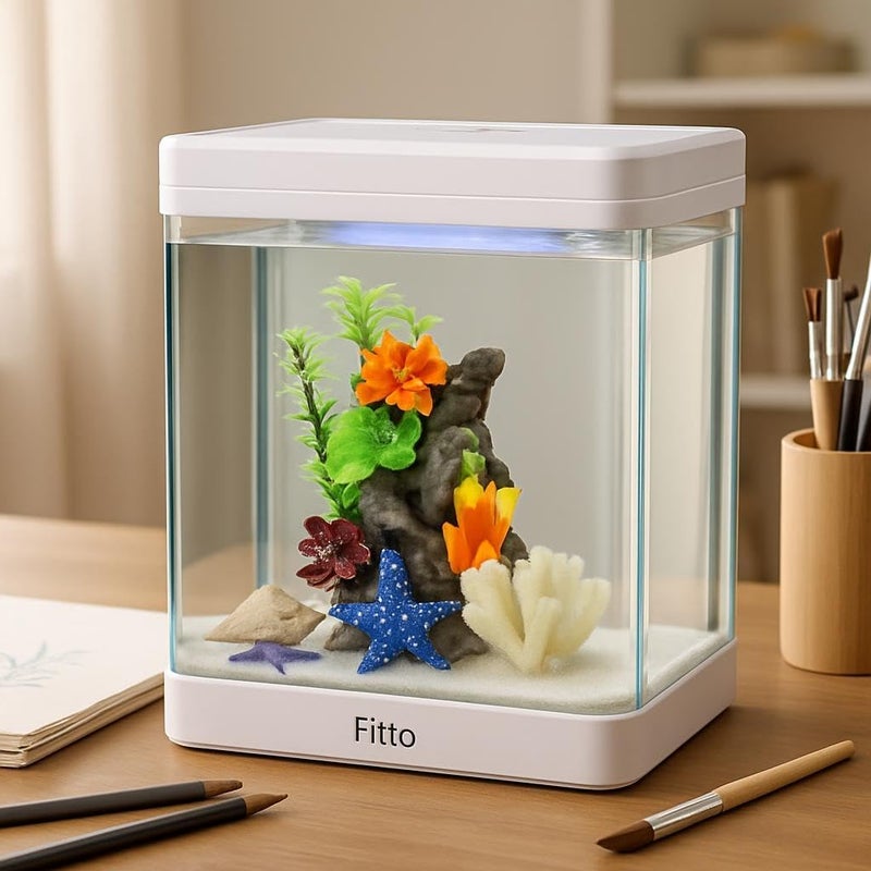 FITTO Aquarium - White, 30 Litre Capacity, 38 x 32.4 x 42.5 cm, Full Set Table Top Fish Tank with Energy-Saving Colorful LED Light, Top Water Filter, Air Blower, and Feeding Hole – Perfect for Small Fish, Shrimp, and Aquatic Decor in Home or Office - Image 2