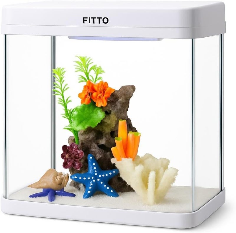 FITTO Aquarium - White, 30 Litre Capacity, 38 x 32.4 x 42.5 cm, Full Set Table Top Fish Tank with Energy-Saving Colorful LED Light, Top Water Filter, Air Blower, and Feeding Hole – Perfect for Small Fish, Shrimp, and Aquatic Decor in Home or Office - Image 1