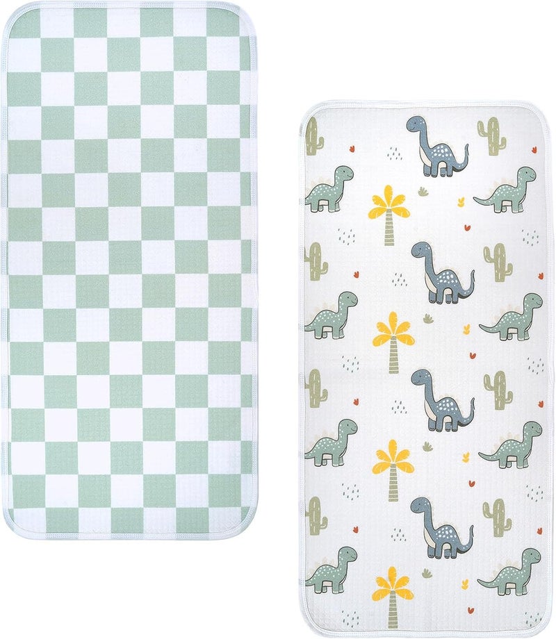 haakaa Waterproof Changing Pad Liners, 100% Cotton, Soft & Breathable (2pcs, 13" x 27.5" Dino Land+Checkered Days) - Image 1