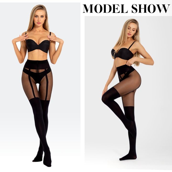 MANZI Mock Suspender Pantyhose for Women Faux Thigh High Stockings Black Over the Knee Goth Sparkly Tights - Image 2