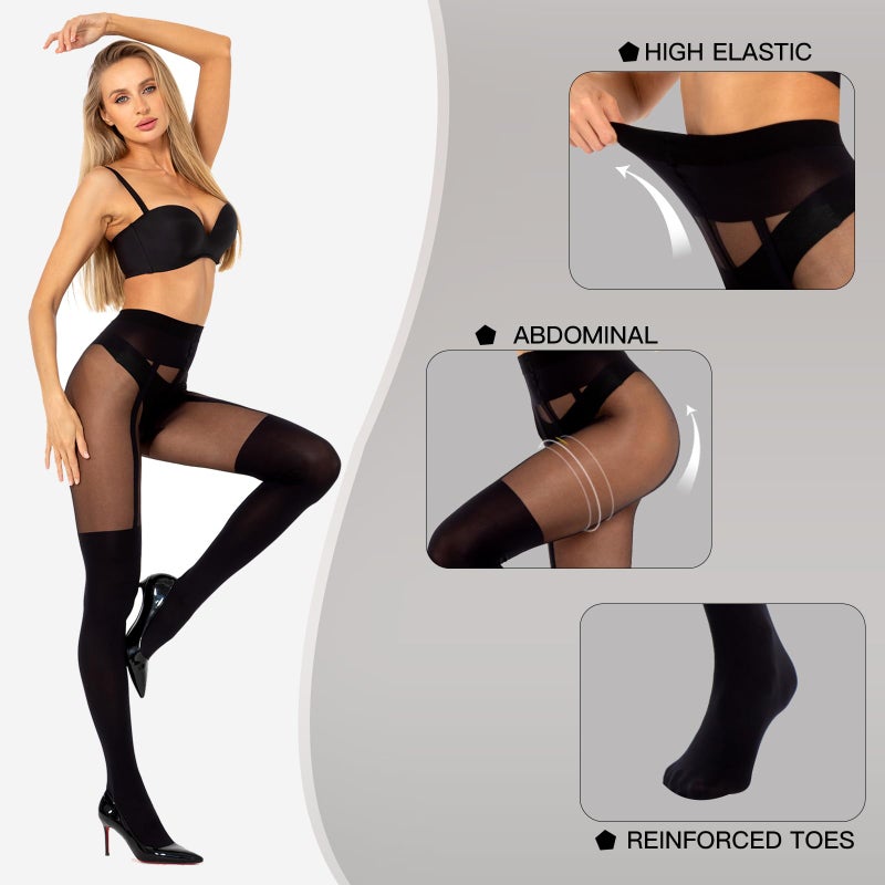 MANZI Mock Suspender Pantyhose for Women Faux Thigh High Stockings Black Over the Knee Goth Sparkly Tights - Image 3