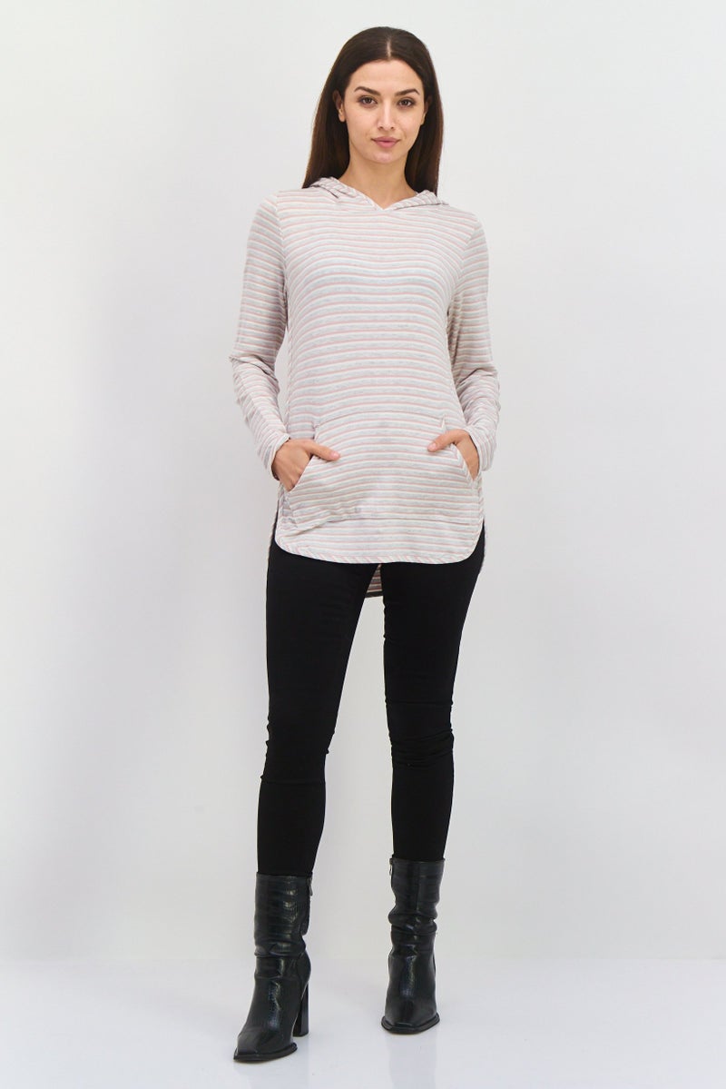 Market And Spruce Women Hooded Long Sleeve Stripe Sweatshirt, Grey  - Image 4