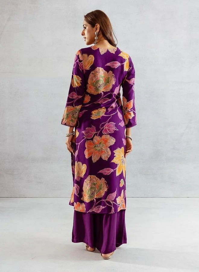ISHIN Women's Purple Rayon Printed Tunic Upper Calf Length Palazzo Bottom Straight Fit 2 Peice Kurta Set