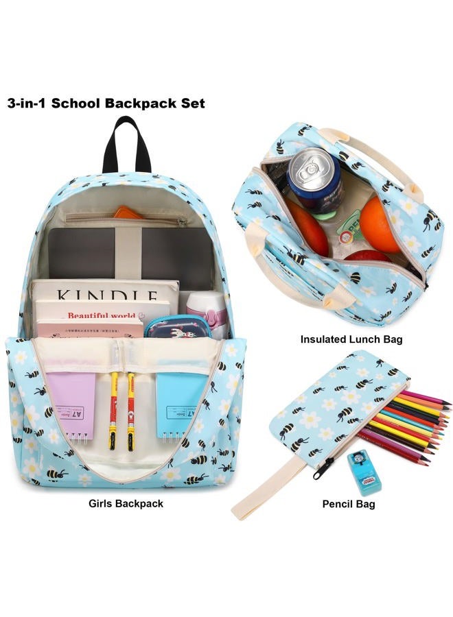 Kouxunt Girls School Backpacks for Kids Teens, 3-in-1 School Bag Bookbags Set with Lunch Bag Pencil Case, Bee, L, Schoolbag Set - Image 3