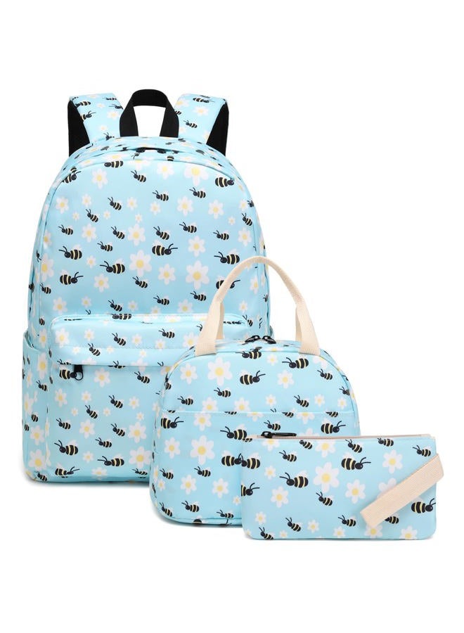 Kouxunt Girls School Backpacks for Kids Teens, 3-in-1 School Bag Bookbags Set with Lunch Bag Pencil Case, Bee, L, Schoolbag Set - Image 1