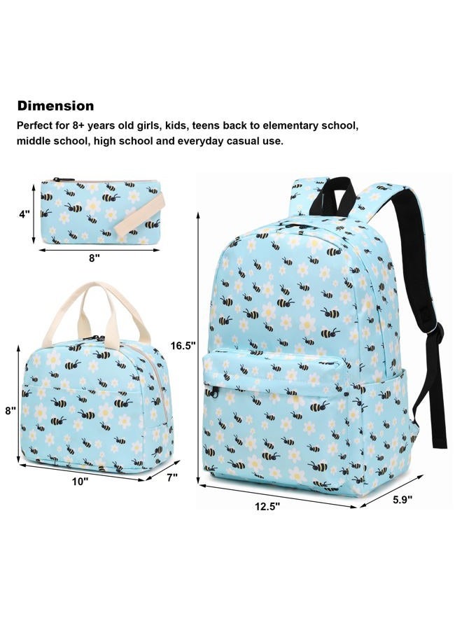 Kouxunt Girls School Backpacks for Kids Teens, 3-in-1 School Bag Bookbags Set with Lunch Bag Pencil Case, Bee, L, Schoolbag Set - Image 2