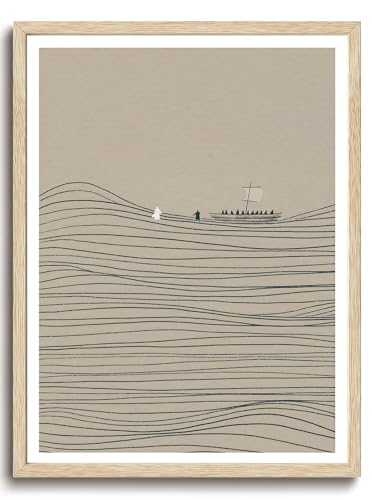 KISSFOX Jesus and Peter Walk on Water OAK Wood Framed Wall Art Christian Canvas Art Prints Modern Sketch Scripture Pictures Wall Decor Inspirational Faith Art Paintings Posters For Bedroom Living Room - Image 1
