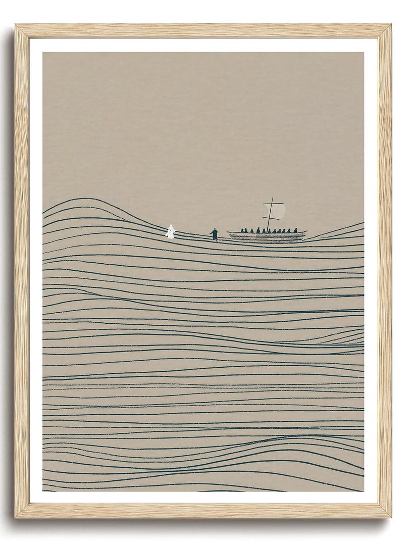 KISSFOX Jesus and Peter Walk on Water OAK Wood Framed Wall Art Christian Canvas Art Prints Modern Sketch Scripture Pictures Wall Decor Inspirational Faith Art Paintings Posters For Bedroom Living Room - Image 2
