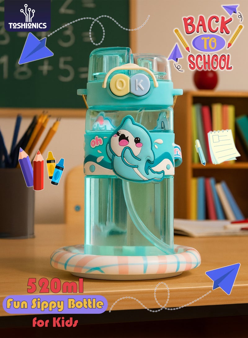 توشيونيكس زجاجة مياه للأطفال سعة ٥٢٠ مل - كوب شرب برسومات كرتونية لطيفة مع حزام | زجاجة شرب متينة للأطفال الصغار، خالية من مادة BPA، مانعة للتسرب، للمدرسة | زجاجة مياه للأطفال للعودة إلى المدرسة | زجاجة مياه سهلة الشرب للأولاد والبنات - Image 1