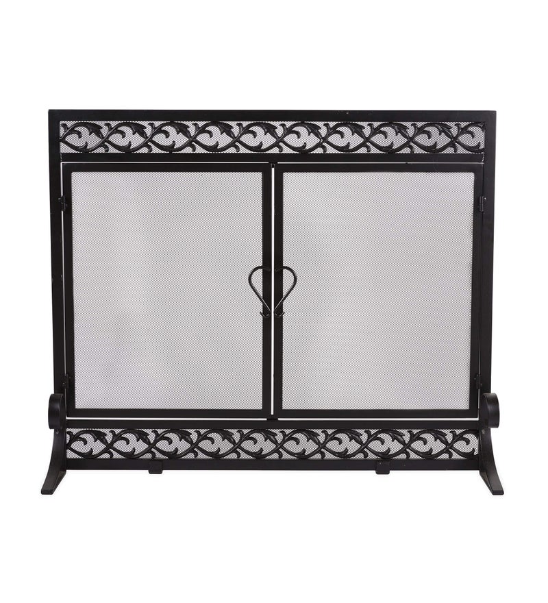 Plow  Hearth Metal Fireplace Screen Scrollwork Black  38 W x 31H  2 Door  Spark Guard Grate  Fire Place Cover  Wood Burning Stove Accessories