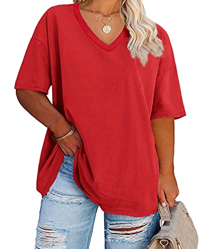 Fisoew Women's Plus Size V Neck T Shirts Summer Half Sleeve Oversized Tees Casual Loose Fit Tunic Tops Red - Image 1