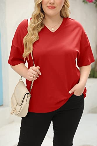 Fisoew Women's Plus Size V Neck T Shirts Summer Half Sleeve Oversized Tees Casual Loose Fit Tunic Tops Red - Image 3