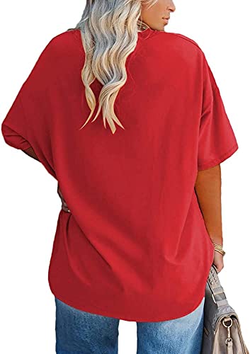 Fisoew Women's Plus Size V Neck T Shirts Summer Half Sleeve Oversized Tees Casual Loose Fit Tunic Tops Red - Image 2