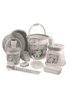 Nabhya Nabhya Blossom 12pc Jumbo Bathroom Accessory Set Plastic Bucket, Tub, Dustbin, Soap Case, Stool, Mug etc 12pc Bathroom Set (Grey)  - Image 1
