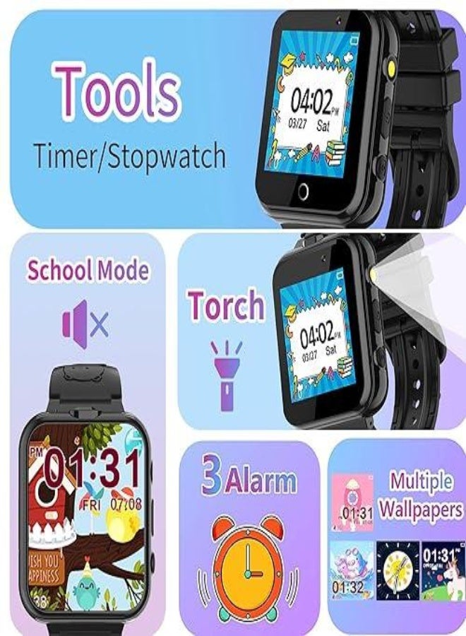 ارواق ساعة ذكية للأطفال للأولاد والبنات مزودة بكاميرا مزدوجة عالية الدقة، و24 لعبة، ومشغل موسيقى MP3 وفيديو، وعداد خطوات، وشاشة تعمل باللمس، ولعبة تعليمية وهدية عيد ميلاد للأطفال (من سن 3 إلى 12 عامًا)، باللون الأسود - Image 4