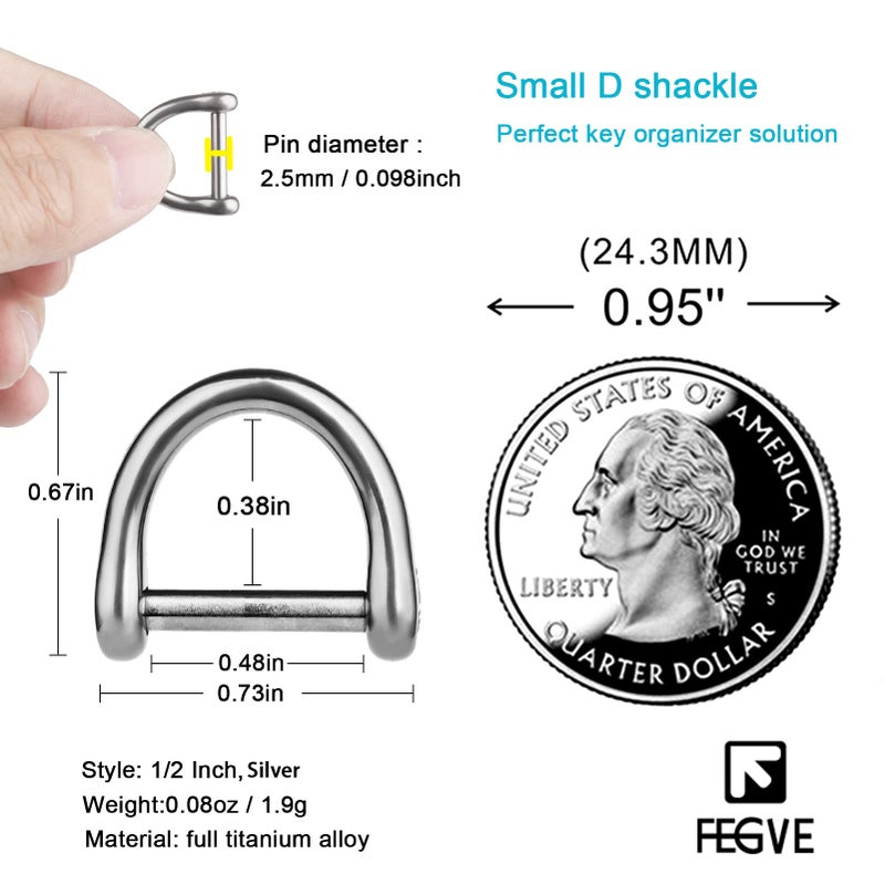 FEGVE Small Titanium Key Ring with Screw Shackle - Car Fob Keychain Heavy Duty Strong Mini Titanium D Rings- 1/2 Inch/12mm (Silver 4 Pack) - Image 2