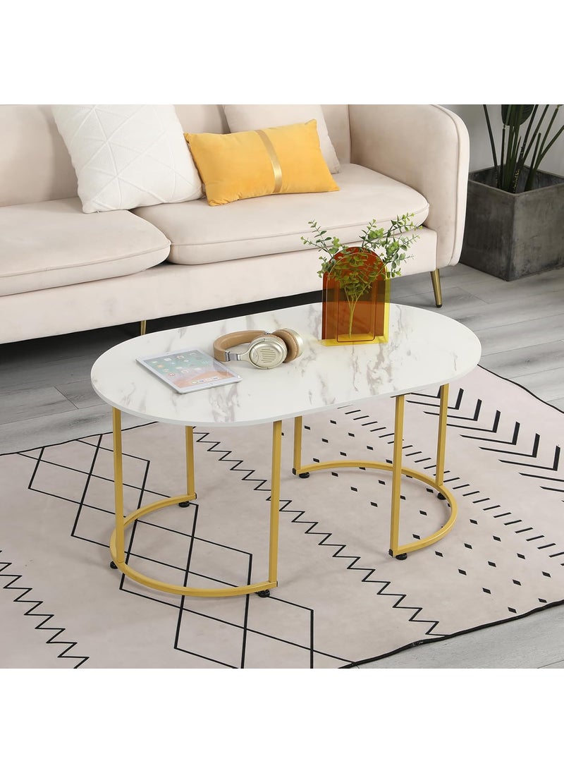 Home Elements - HOME ELEMENTS Rectangular Coffee Table for Living Room Center Table with Open Minimalist Space Design Metal Frame Engineered Wood Marble Texture Look Top Easy Assembly DIY - 100Lx60Wx48H cm (White) - Image 1