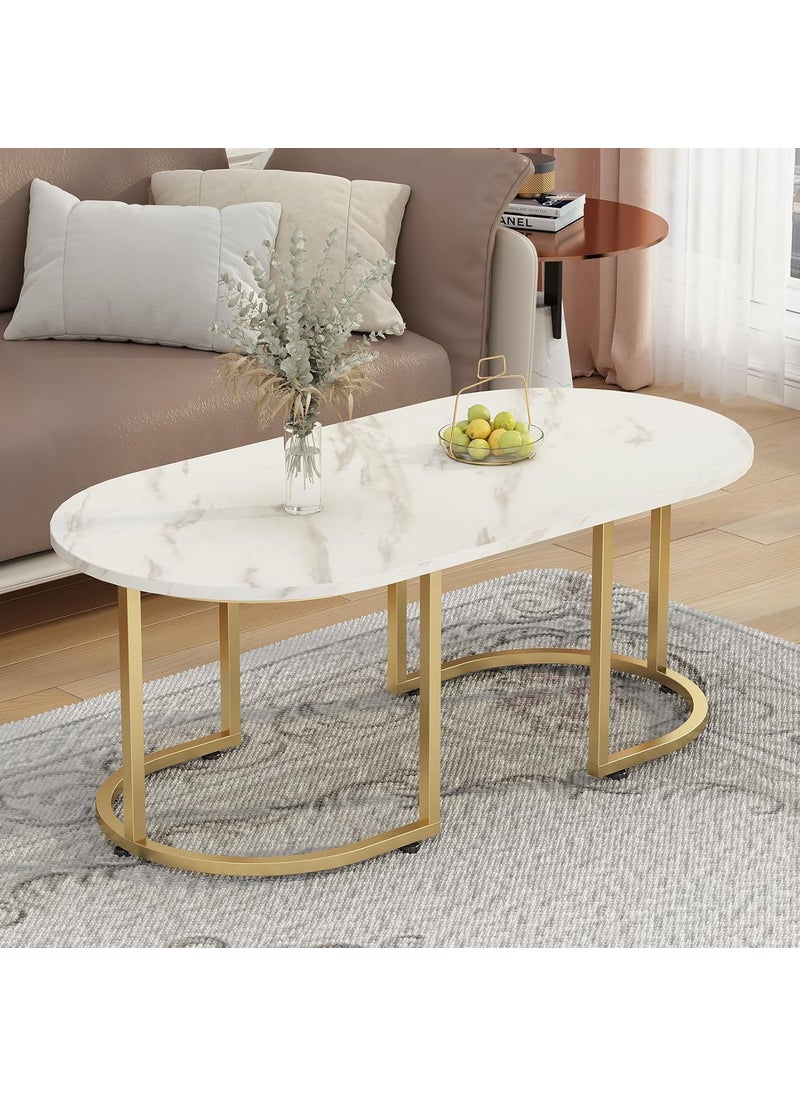 Home Elements - HOME ELEMENTS Rectangular Coffee Table for Living Room Center Table with Open Minimalist Space Design Metal Frame Engineered Wood Marble Texture Look Top Easy Assembly DIY - 100Lx60Wx48H cm (White) - Image 1