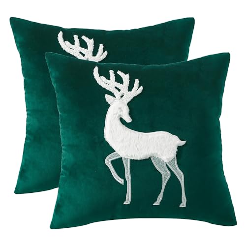 Tosleo Christmas Pillowcases 18 x 18 inch Set of 2 Dark Green Xmas Deer Throw Pillow Cover Farmhouse Velvet Pillow Cases Christmas Party Decorations Winter Holiday Cushion Case - Image 1