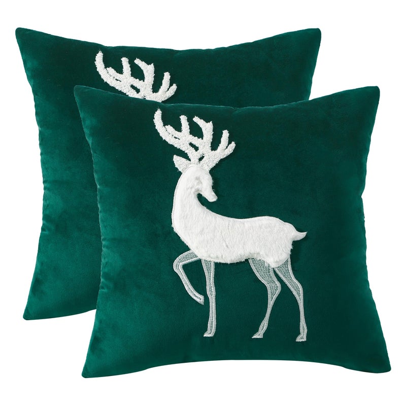 Tosleo Christmas Pillowcases 18 x 18 inch Set of 2 Dark Green Xmas Deer Throw Pillow Cover Farmhouse Velvet Pillow Cases Christmas Party Decorations Winter Holiday Cushion Case - Image 2