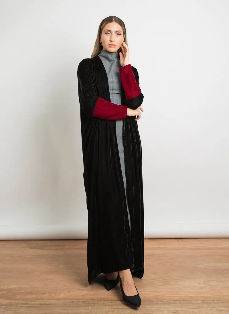 Kaafmeem Black with Maroon Sleeves - Half Bisht Long Open Abaya in light Velvet