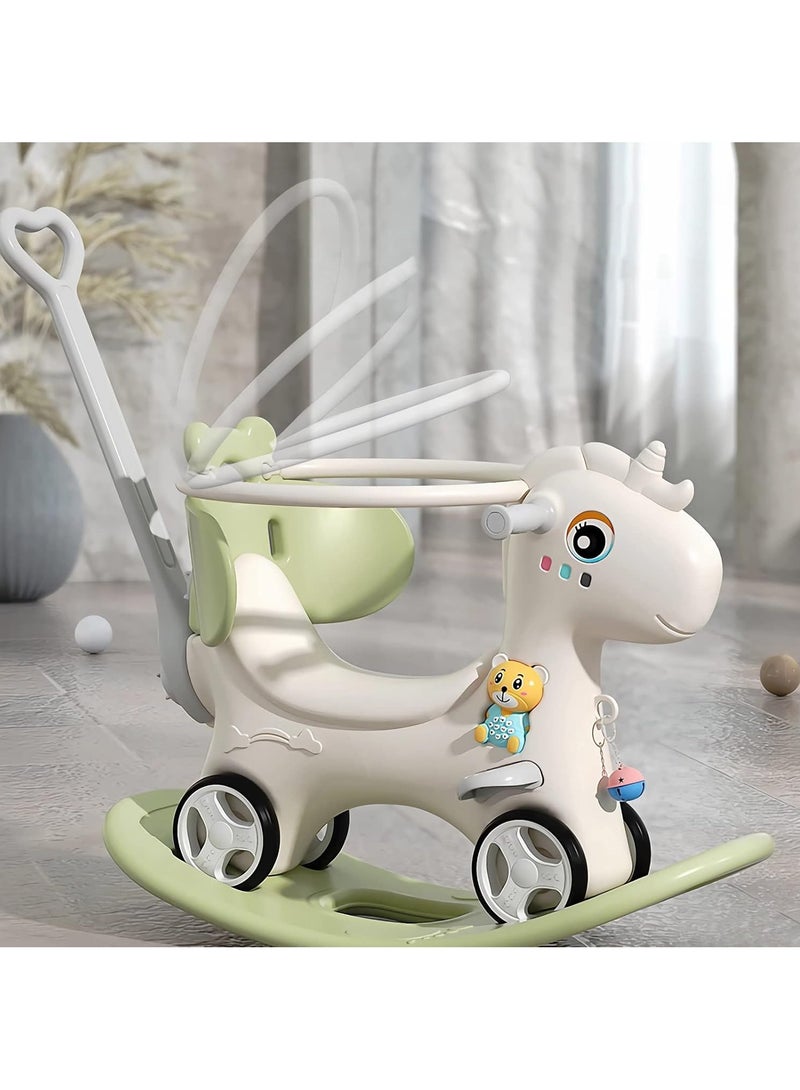 DubaiGallery Battery-Powered Gender Neutral Rocking Horse Toy for 3-4 Year Olds with Animal Design - Green Rocking Horses & Back & Push Rod & Guardrail - Image 4