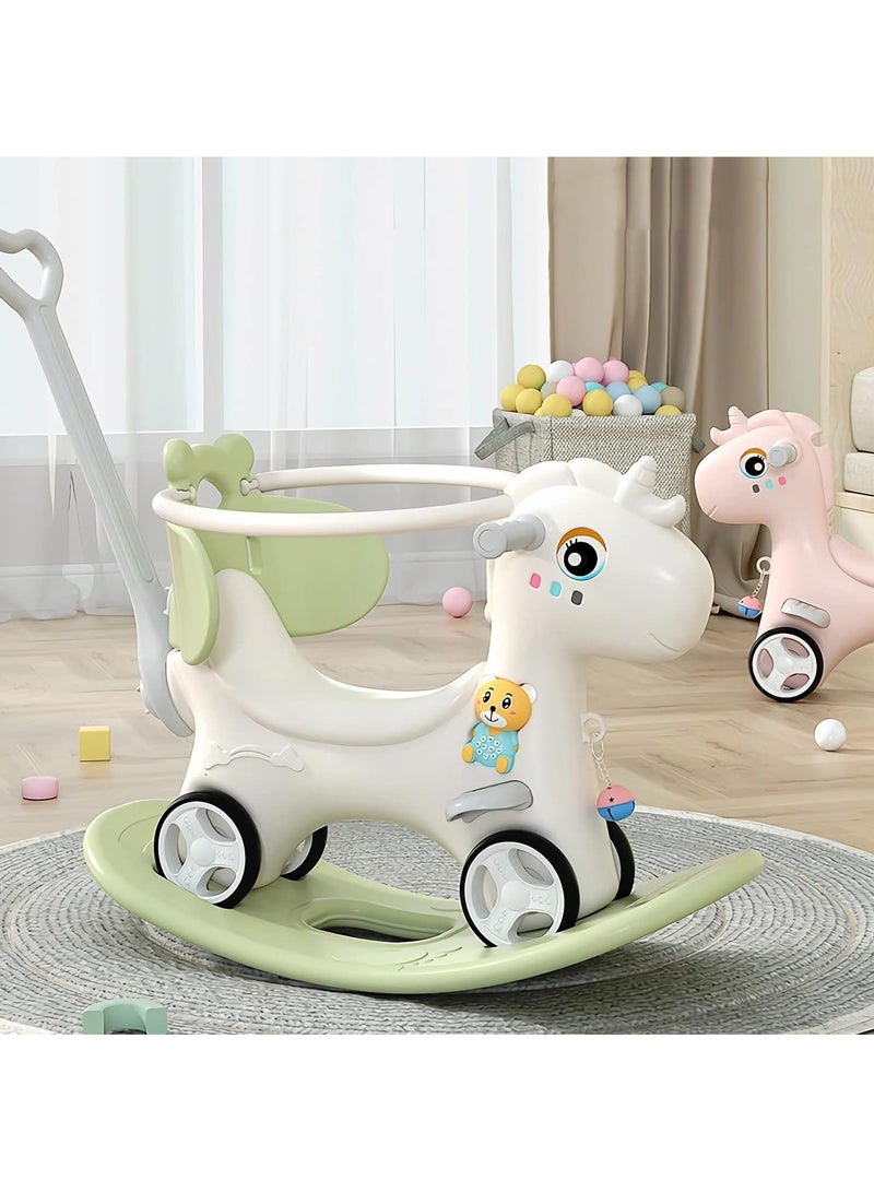 DubaiGallery Battery-Powered Gender Neutral Rocking Horse Toy for 3-4 Year Olds with Animal Design - Green Rocking Horses & Back & Push Rod & Guardrail - Image 2