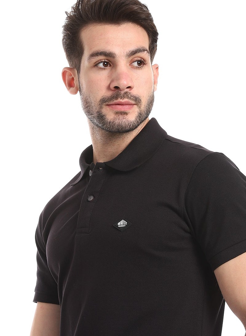WHITE RABBIT Double Buttoned Short Sleeves Pique Black Polo Shirt  - Image 3