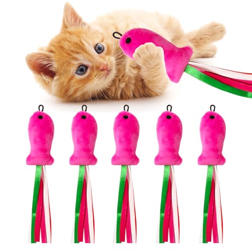 ZeyZoo Cat Toys Catnip 5PCS Floppy Fish Cat Toy Filled Soft Plush Pink Flopping Fish Chew Kitten Toys Catnip Wand Toy Attachment with Ribbons Interactive Cat Toys for Indoor Cats Kitten Play Chew - Image 1
