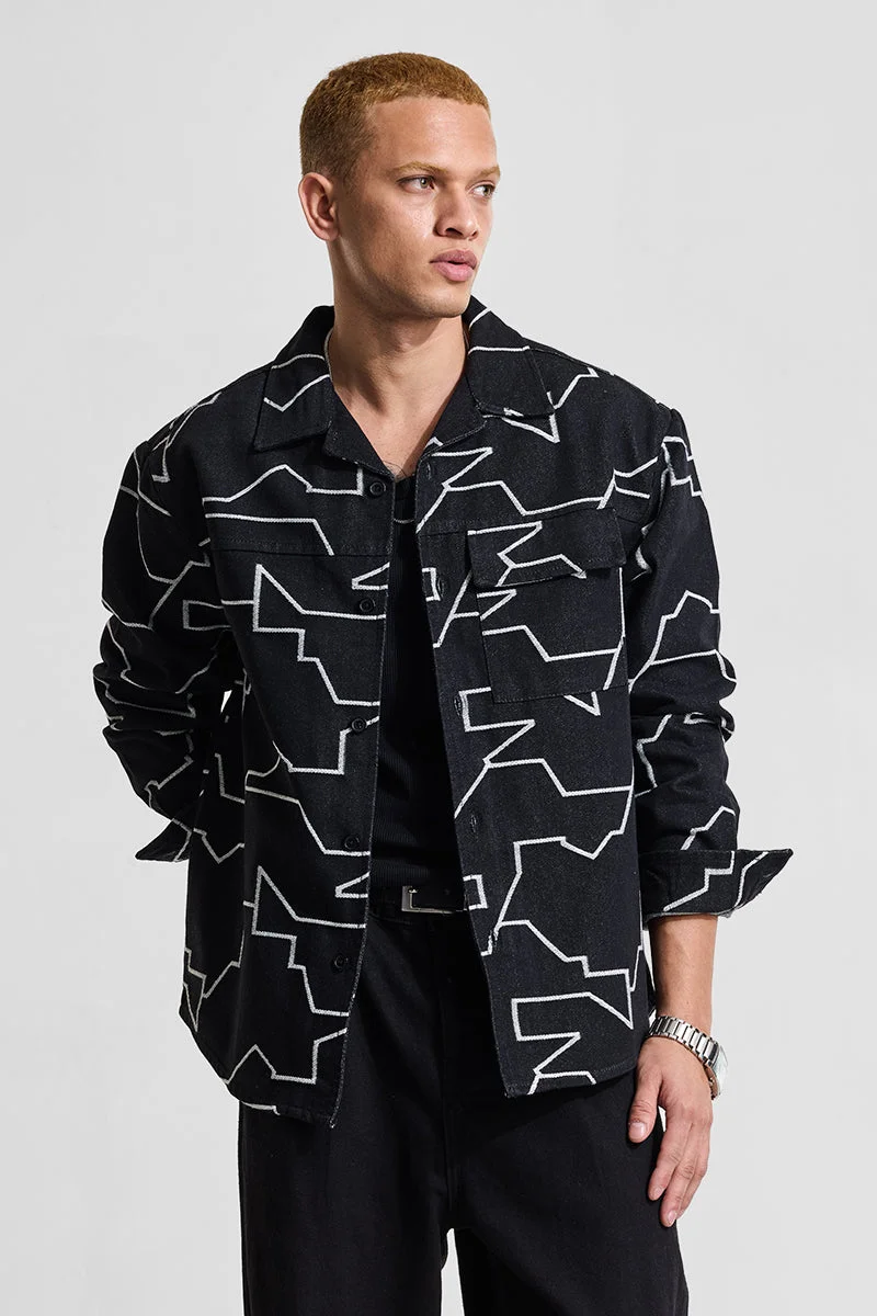 سنيتش Black Embroidered Long Sleeve Relaxed Streetwear Overshirt