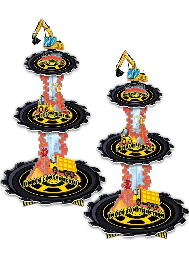 BACUTHY 2 Pack Construction Birthday Decorations Party Supplies Favors: 3 Tier Building and Construction Vehicles Theme Cup Cake Stand with Topper, Waterproof Cardboard Cupcake Stand, High Stability - Image 1