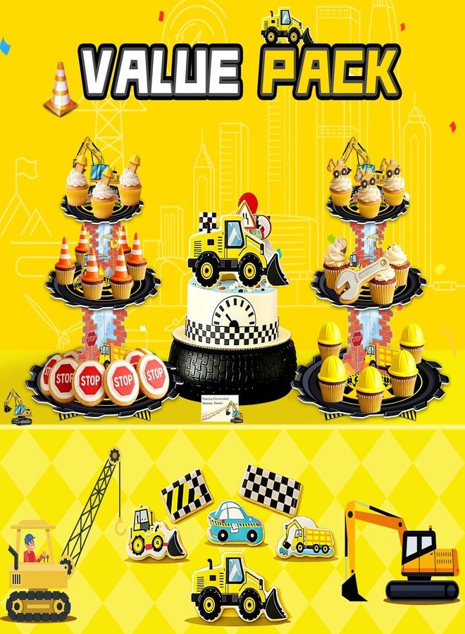 BACUTHY 2 Pack Construction Birthday Decorations Party Supplies Favors: 3 Tier Building and Construction Vehicles Theme Cup Cake Stand with Topper, Waterproof Cardboard Cupcake Stand, High Stability - Image 2