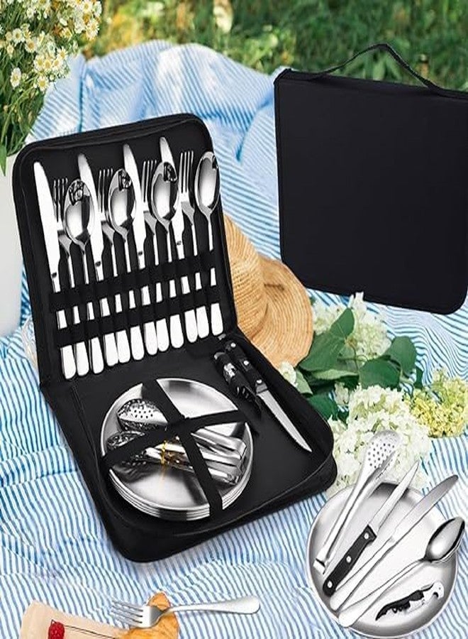 MAPPLE CREATION Camping Cutlery Set - Stainless Steel Portable Picnic Utensils with Plates, Grill Tong, and Bottle Opener - Ideal for Road Trips, Picnics, and Camping Adventures 20 Pcs - Image 1