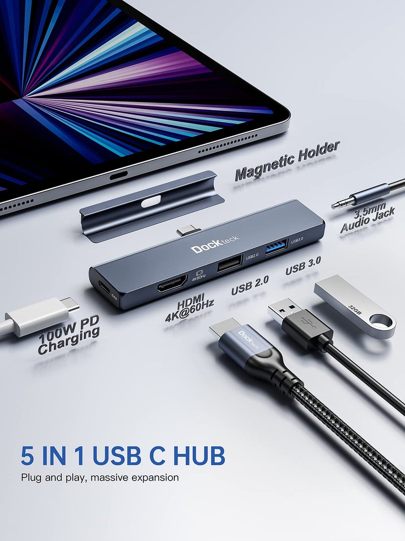 Dockteck iPad Pro USB C Hub Multiport Adapter - Dockteck USBC Hub 5 in 1 with 100W PD, 4K 60Hz HDMI, Audio, USB 3.0, USB C Dock with Magnetic Grip for iPad Pro 12.9 2021 2020 2018, iPad Air, iPad mini 6 - Image 2