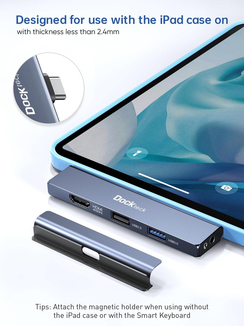 Dockteck iPad Pro USB C Hub Multiport Adapter - Dockteck USBC Hub 5 in 1 with 100W PD, 4K 60Hz HDMI, Audio, USB 3.0, USB C Dock with Magnetic Grip for iPad Pro 12.9 2021 2020 2018, iPad Air, iPad mini 6 - Image 3