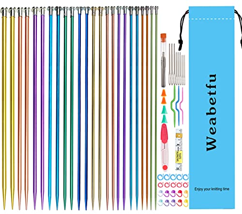 Weabetfu 65pcs Aluminum Metal Knitting Needle Set,Colored Straight Single Pointed Knitting Needles,12 Size 2.5mm-10mm,10inch Length for Handmade DIY Knitting with Knitting Accessories - Image 1