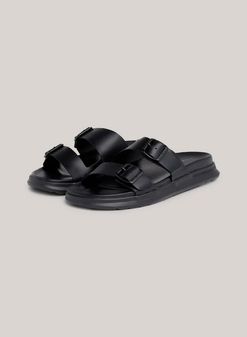 TOMMY HILFIGER Men's Leather Buckle Sandals/ Flip Flops -  Leather upper, Black