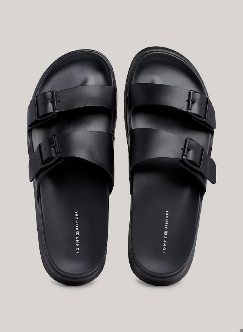 TOMMY HILFIGER Men's Leather Buckle Sandals/ Flip Flops -  Leather upper, Black