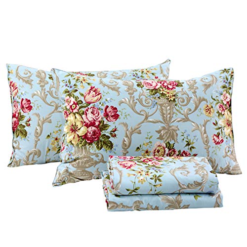 FADFAY Shabby Floral Bedding Elegant Peony Sheets Set Luxury Bedding Collections 800 Thread Count 100 Egyptian Cotton Deep Pocket 4 PieceCalifornia King Size