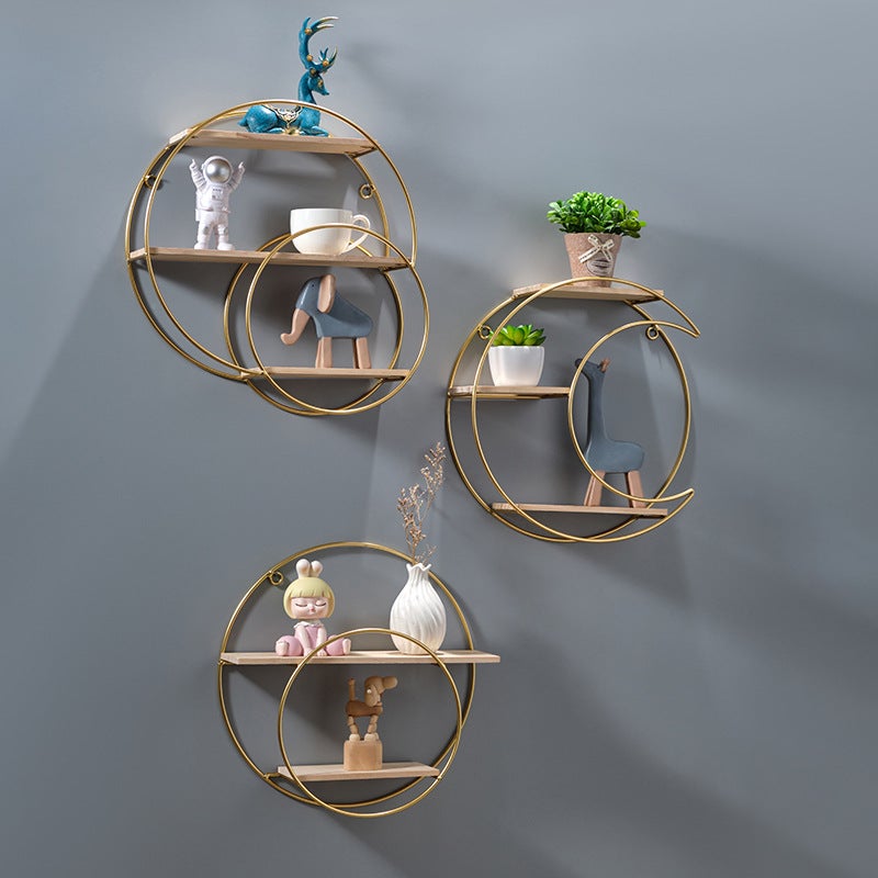 Nordic Ins Style Creative Restaurant Wall Decorative Rack Wall Storage Rack Milk Tea Shop Wall Storage Rack Punch-Free(Double round irregular three-layer shelf-gold) - Image 2